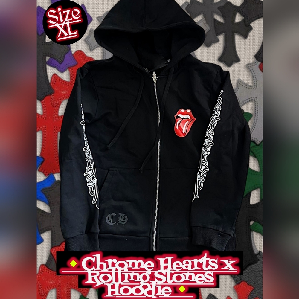 Chrome Hearts Black Zip-Up Hoodie with Red Rolling Stones Tongue Patch